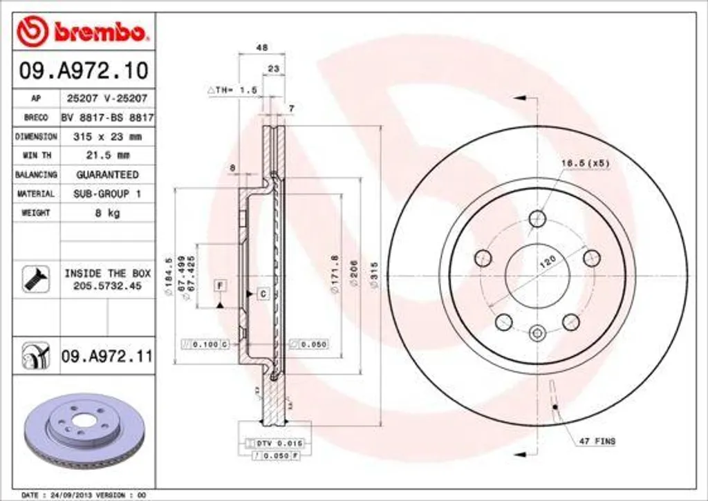 Disque de frein ventilé Brembo 09.A972.11 pour berlines et routières