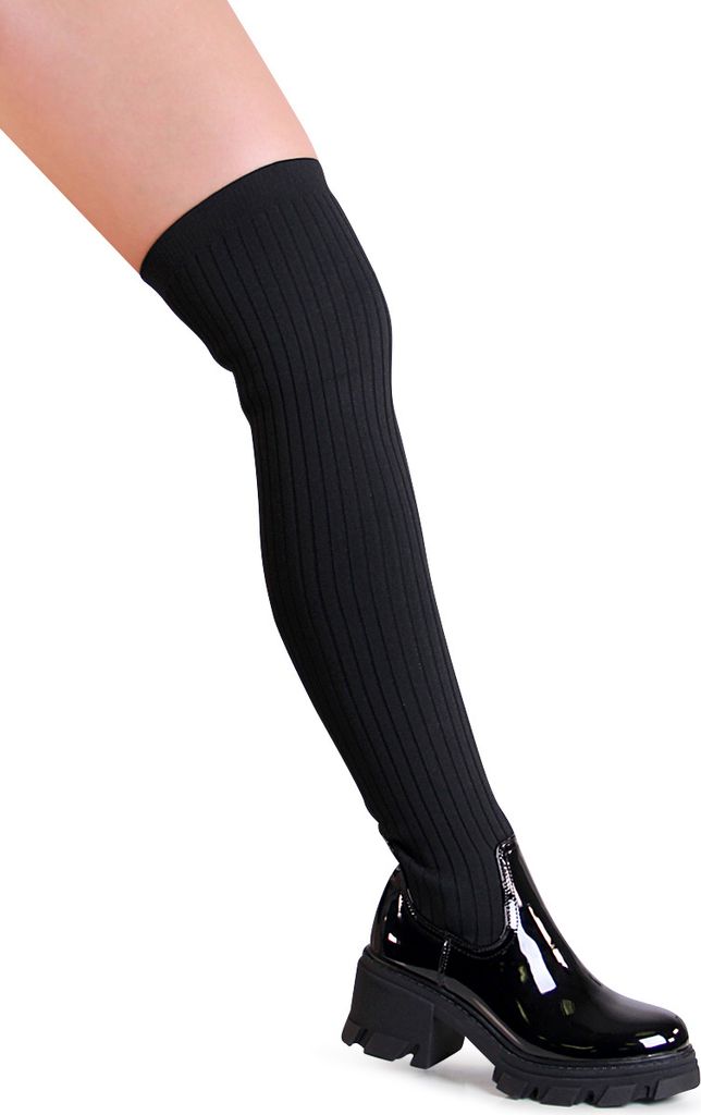 topschuhe24 2571 Damen Lack Plateau Overknee Stiefel Strick Stulpen, Farbe:Schwarz, Größe:37 EU