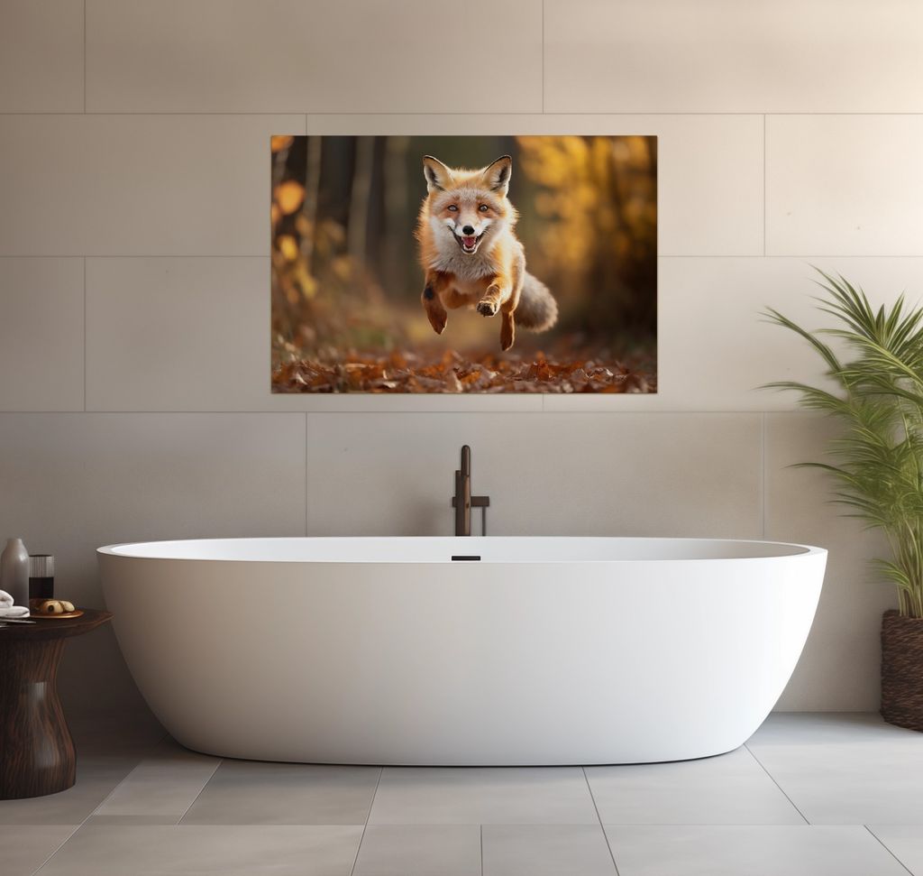 Wallario wasserfestes Poster selbstklebend 91,50 x 61 cm, Rennender Fuchs, Badezimmerposter Spritzschutz mit Hochglanzoberfläche in Glasoptik