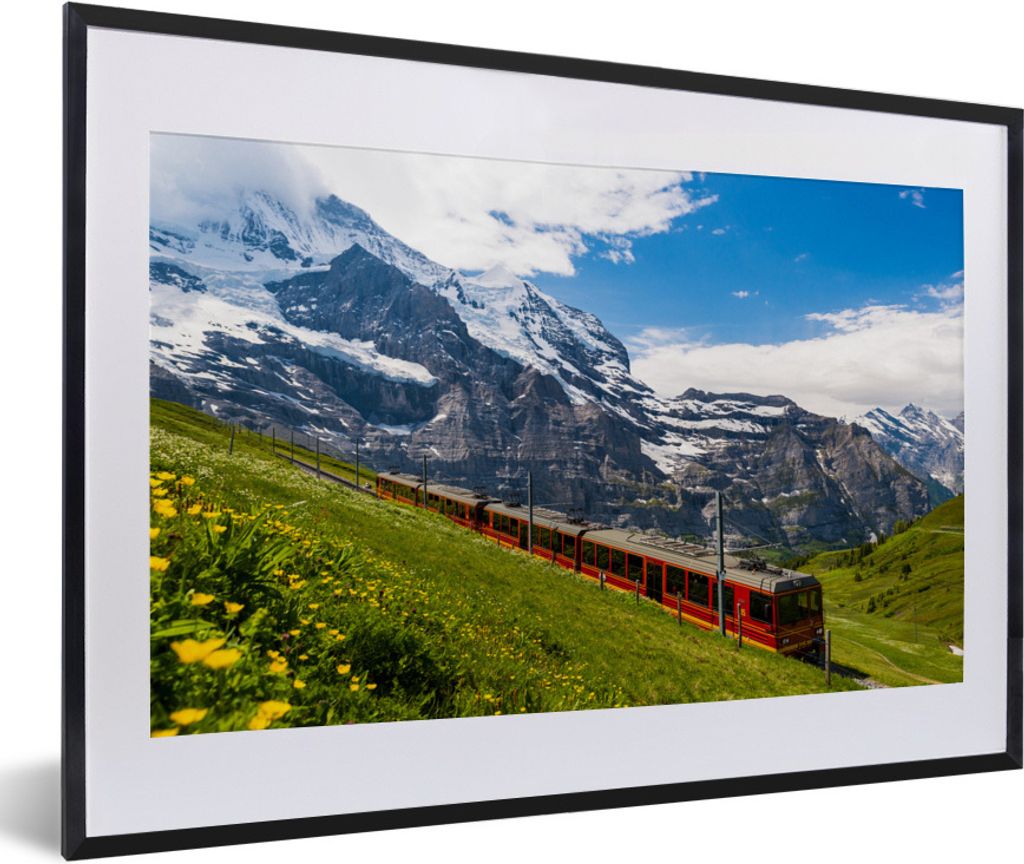 MuchoWow Gerahmtes Poster Ein roter Zug in den Alpen 60x40 cm - Poster mit Schwarzem Bilderrahmen Wandposter Rahmen Foto Bilder - Schlafzimmer - ...