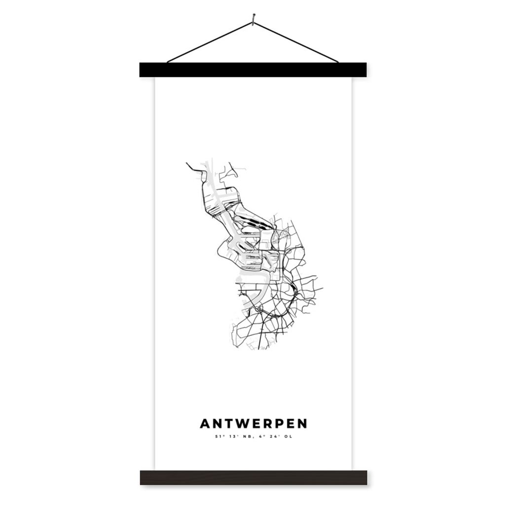 MuchoWow Textilposter Stadtplan - Schwarz und weiß - Karte - Antwerpen - Belgien 40x80 cm mit schwarzem Rahmen - Wandemalerei
