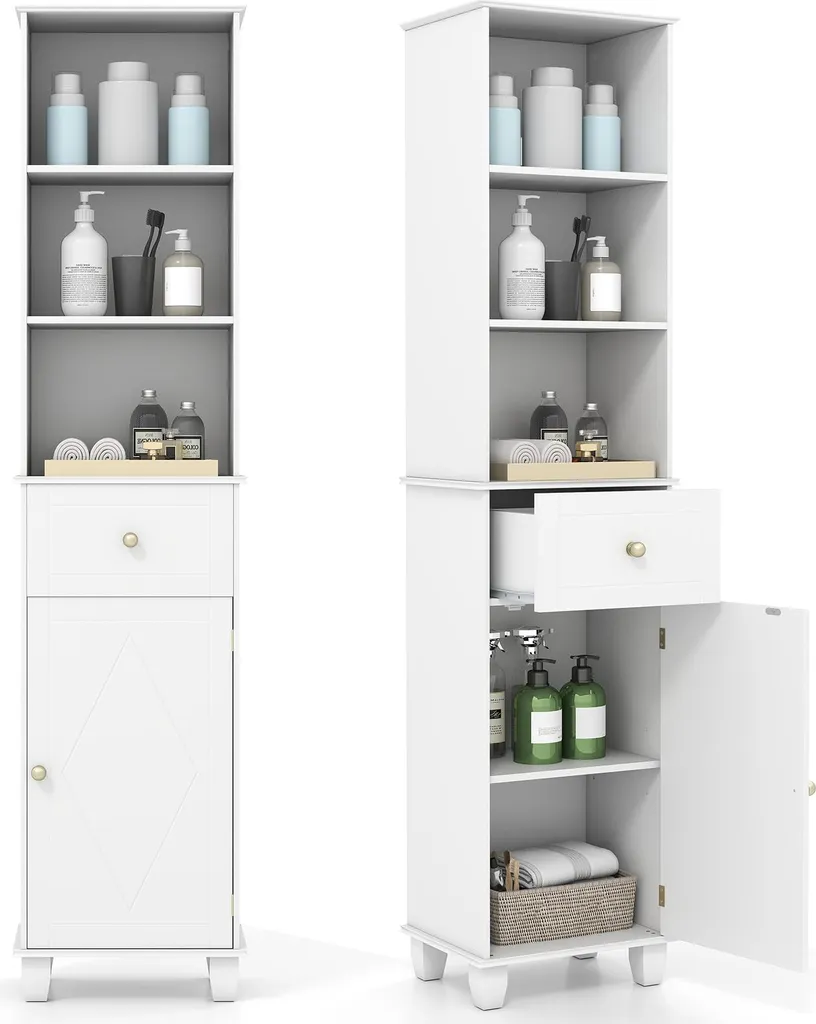 COSTWAY Armoire de Salle de Bain Étroite avec Tiroir et Porte 172 cm