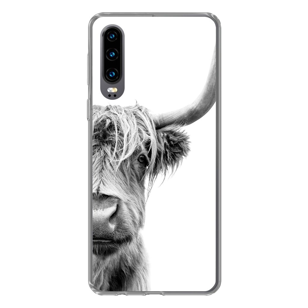 MuchoWow Handyhülle Schutzhülle Hülle für Huawei P30 Schottischer Highlander - Tiere - Schwarz - Weiß Silikon Softcase Handy Hülle - Karten...