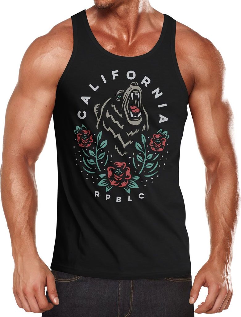Herren Tank-Top Califonia Kalifornien Bär Blumen Blüten Muskelshirt Muscle Shirt Neverless schwarz S
