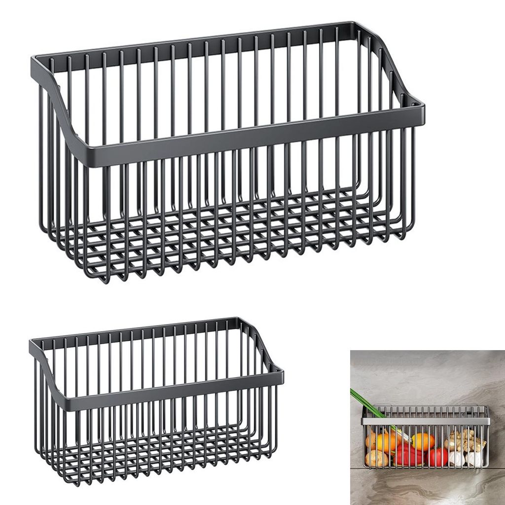 Küchen Wandregal ohne Bohren,Obst und Gemüsekörbe, 2 Etagen, 30cm, Schwarz Aufbewahrungsbox, Multifunktionale Aufbewahrung,Gewürzregal