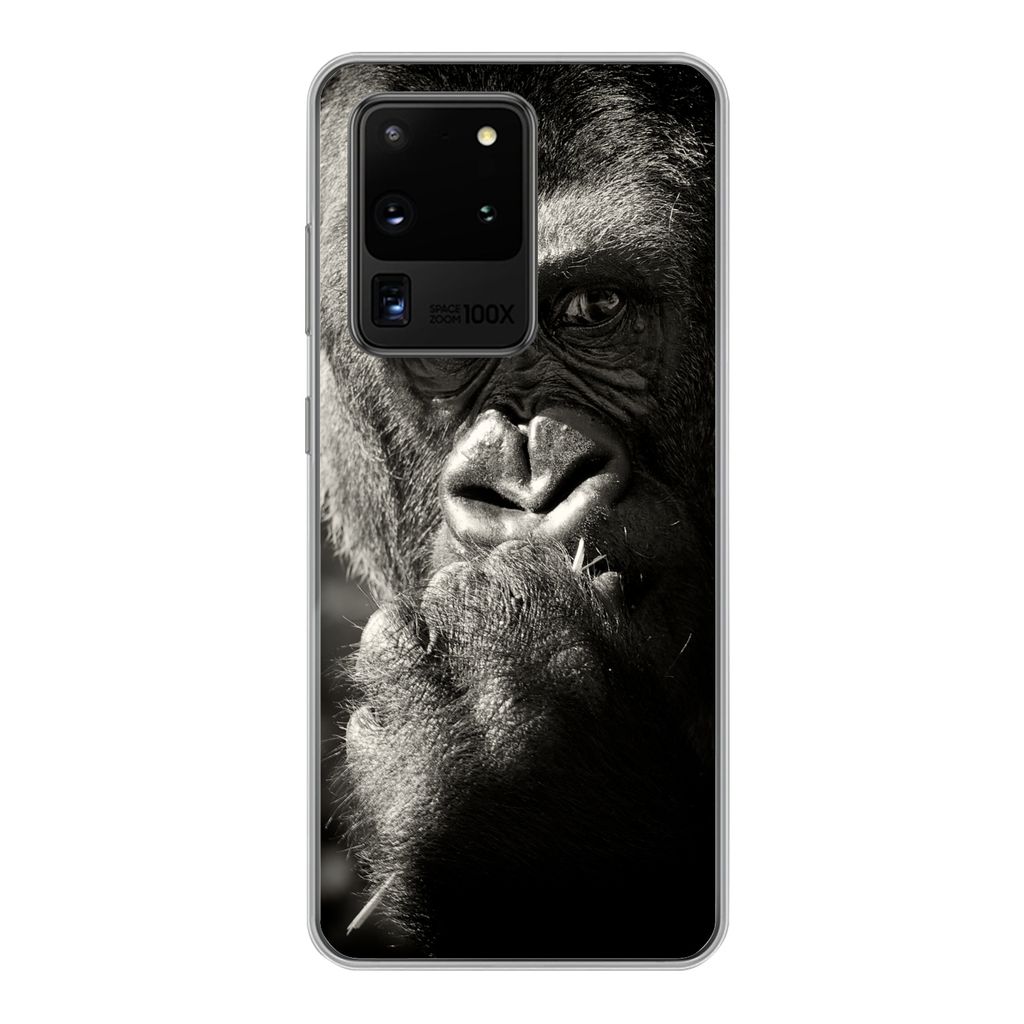 MuchoWow Handyhülle Schutzhülle Hülle für Samsung Galaxy S20 Ultra Gorilla auf schwarzem Hintergrund in Schwarz und Weiß Silikon Softcase Ha...