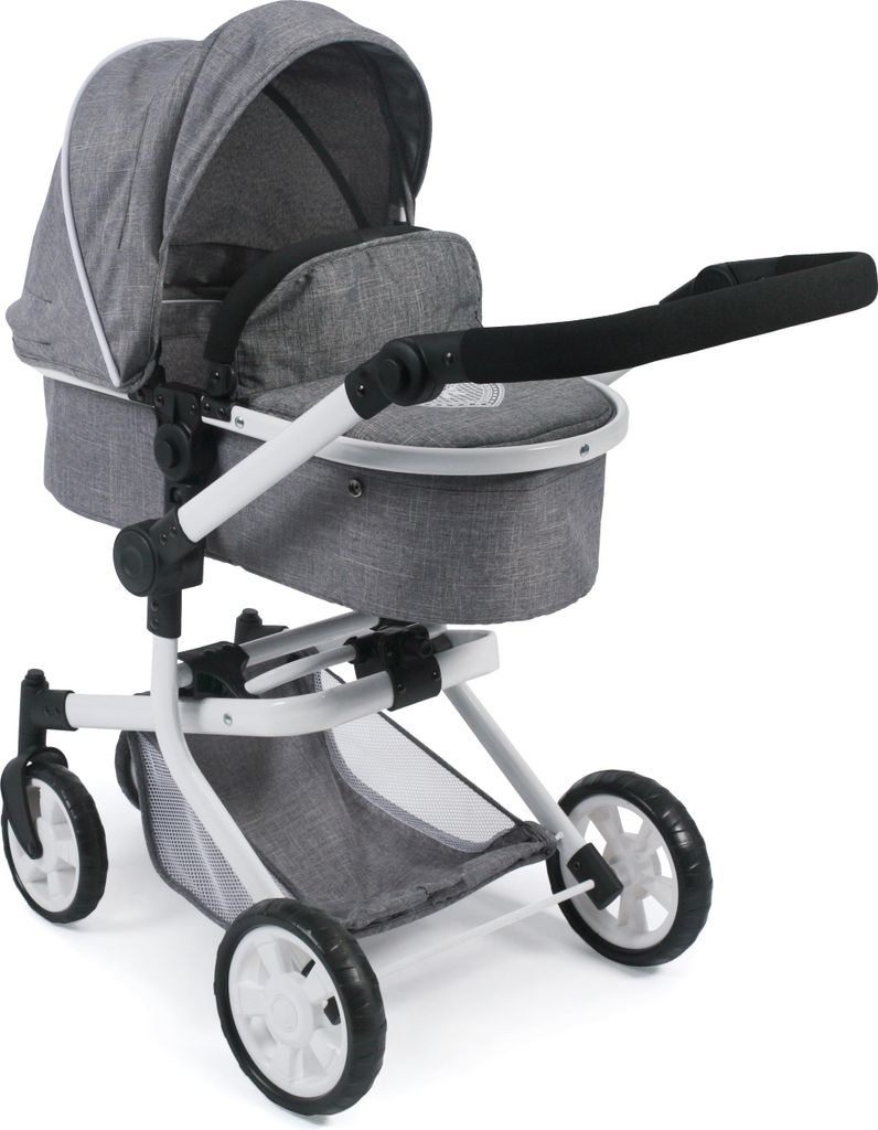 A grey doll stroller with a white frame and black handle, shown against a white background.