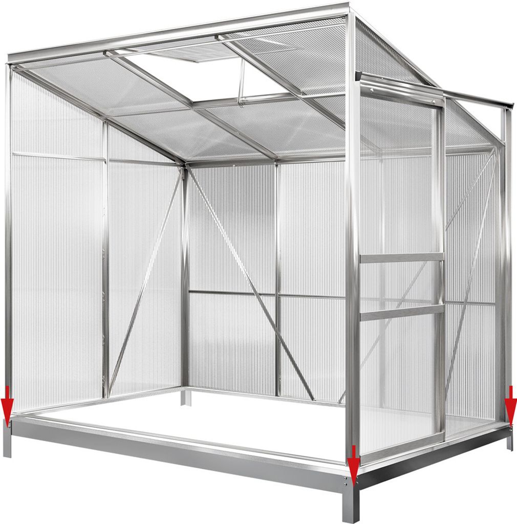 An empty greenhouse frame with transparent walls and roof, made of metal and plastic.
