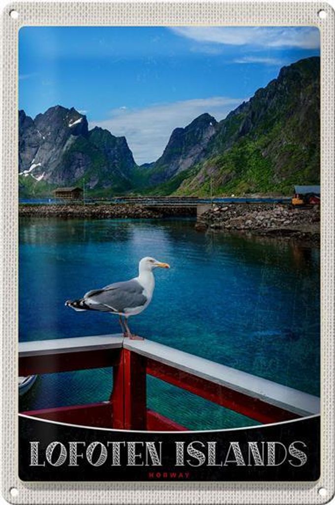 Blechschild Reise 20x30cm Lofoten Island Norwegen Fluss Häuschen