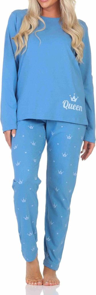 Normann Damen Schlafanzug lang Pyjama in toller Farbigkeit und mit Herz und Krone Motiv ; blau , 40