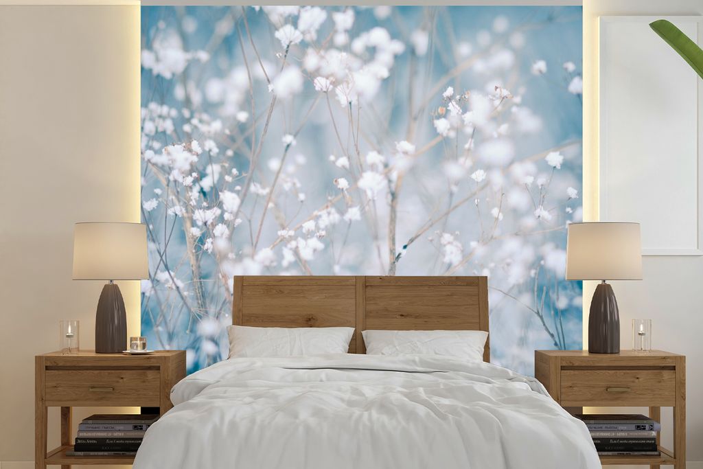 MuchoWow Fototapete für Wohnzimmer oder Schlafzimmer Wandtapete Vinyl Motivtapete Äste - Schnee - Winter - Natur - Botanisch - 280x280 cm - Hin...