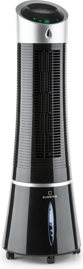 A black and silver tower fan with a water reservoir at the base.