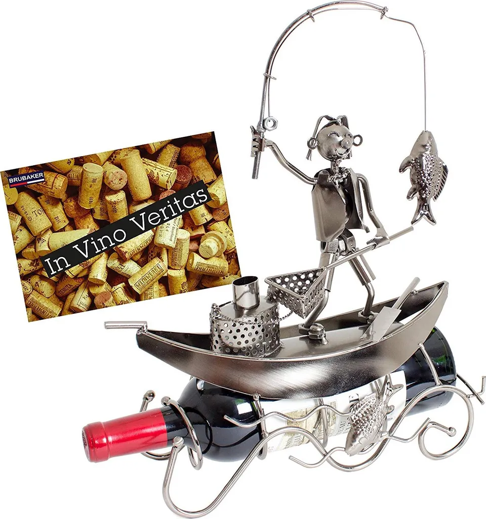 BRUBAKER Portabottiglie Pescatore in Barca - Scultura Metallo Regalo