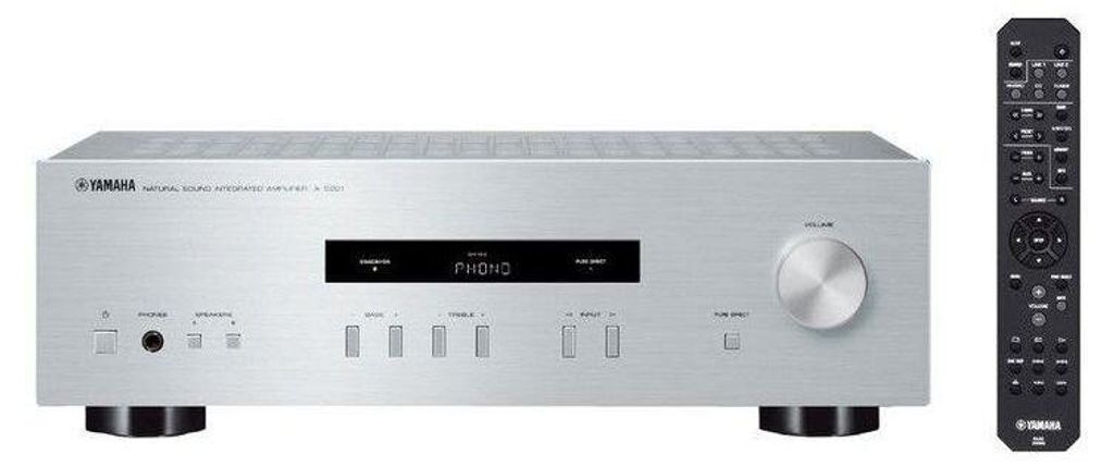 A silver Yamaha stereo amplifier and a black remote control are shown against a white background.