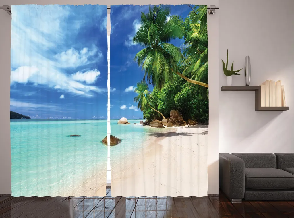 ABAKUHAUS Tenda rustica da spiaggia, Seascape Nature Jungle, Tende universali per soggiorno con passanti e ganci, 280 x 175 cm, verde menta verde blu