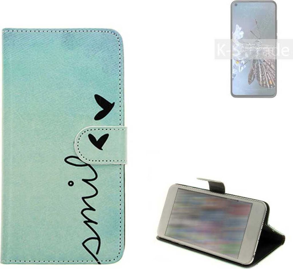 K-S-Trade Schutz Hülle Handy Hülle kompatibel mit HTC Desire 20 Pro Hülle Handyhülle cover bookstyle Etui Handyhülle ''smile'' türkis