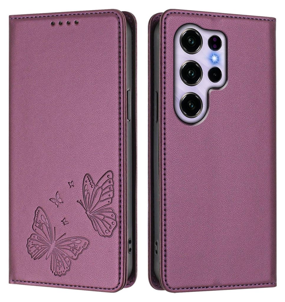 Lederhülle für Oukitel C2 2025, Schmetterling Prägung Leder Brieftasche Schutzhülle mit Ständer Lila