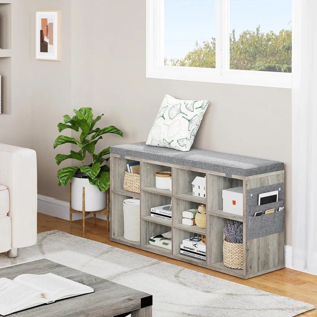 Meuble à chaussures avec banc de rangement et coussin gris pour entrée