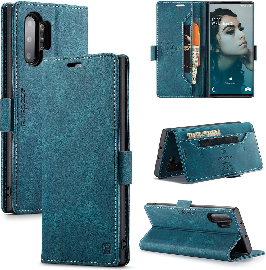Galaxy Note 10+ Plus Brieftasche Hülle, Retro Kunstledertasche Stand Schutzhülle für Samsung Galaxy Note 10 Plus / Note 10+ Blau