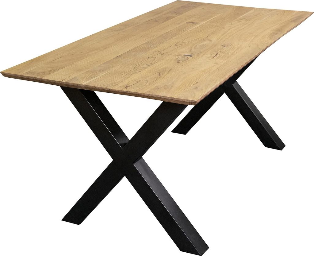 Esstisch 200x100 cm Andi, Akazienholz massiv + naturfarben, Esszimmertisch mit Schweizer Kante, X-Metallgestell Schwarz, massiver Holztisch, Tischp...