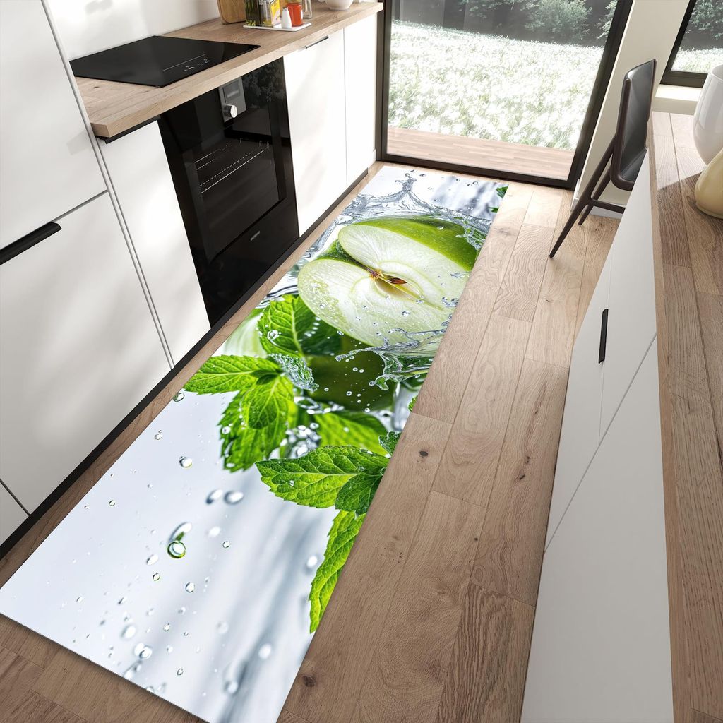 Küchenteppich 80x300cm rutschfest & abwischbar PVC Läufer - Spritzender Apfel Mint