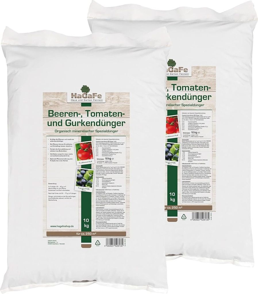 HaGaFe Beerendünger Tomatendünger Gurkendünger Gemüsedünger Hochbeetdünger 20kg (2 x 10 kg)