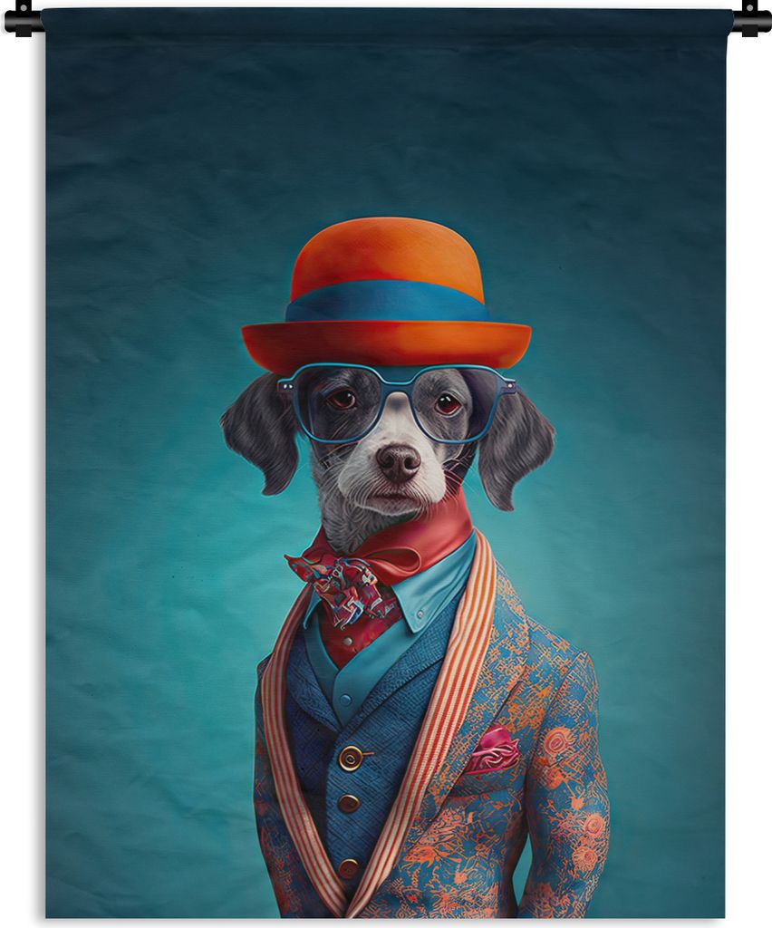 MuchoWow Wandteppich Wandbehang Hund - Jacke - Blumen - Porträt - Blau 150x200 cm Tapisserie Dekoration Wandtuch - Wandaufhängung - Moderner