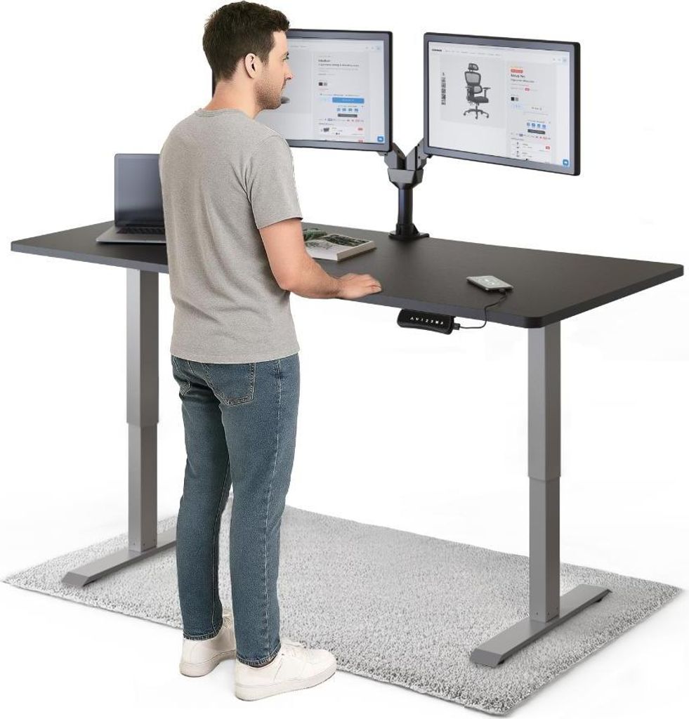 DESKSPACE PRO Elektrisch höhenverstellbarer Schreibtisch – 160x80 cm Memory & Kollisionsschutz, Computertisch Schwarz Tischplatte / Graue Gestell