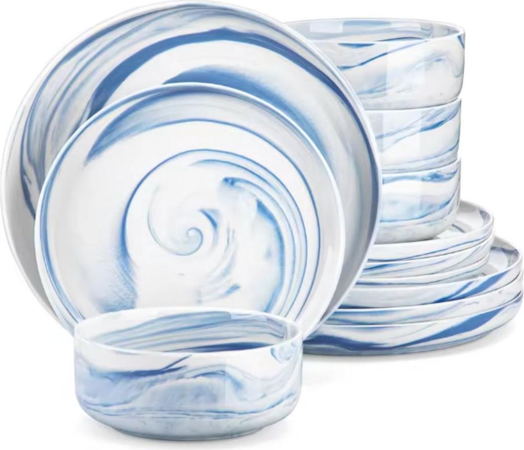 Noble Bordenset – 4 Personen – 12-teilig – Blau Marmor Keramik – Dinerborden – Breakfast Plates