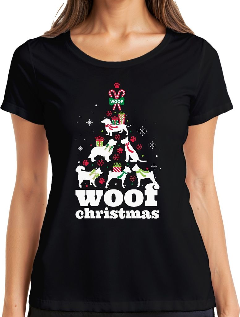 Woof Christmas Hunde Weihnachtsbaum Hundebesitzer - Weihnachten Weihnachtsgeschenk Damen T-Shirt, Schwarz, M