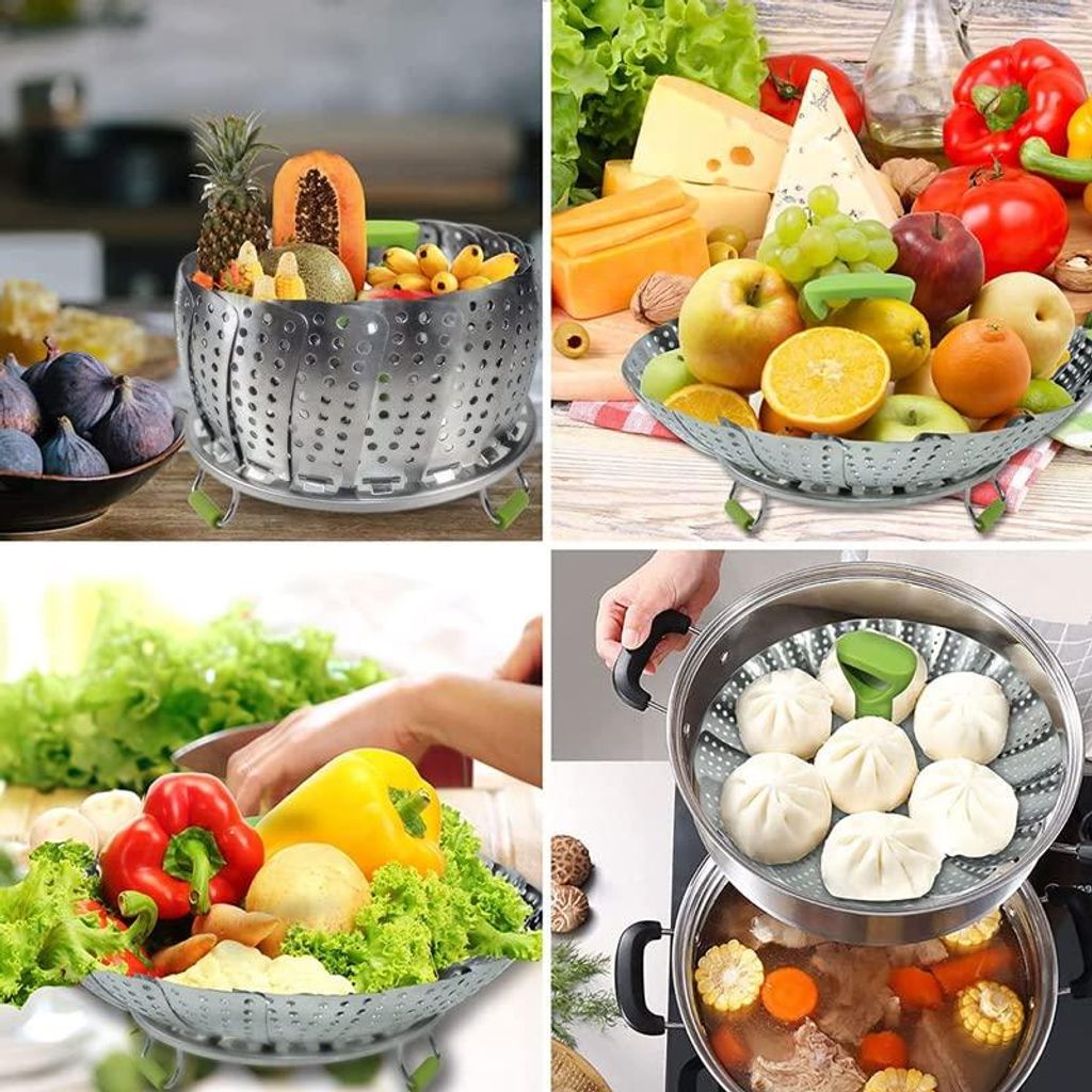 Edelstahl Dampfgarer, verstellbarer Dampfaufsatz mit ausziehbarem Griff, für Gemüse und Obst, faltbarer Korb, rostfrei, spülmaschinengeeignet f...