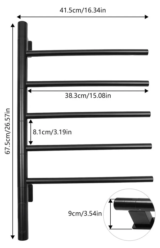 Chauffe-serviettes mural noir pivotant pour un séchage rapide et doux - 6