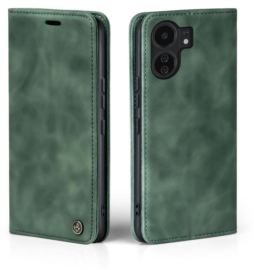 A green flip case for a smartphone, shown from the front and back.