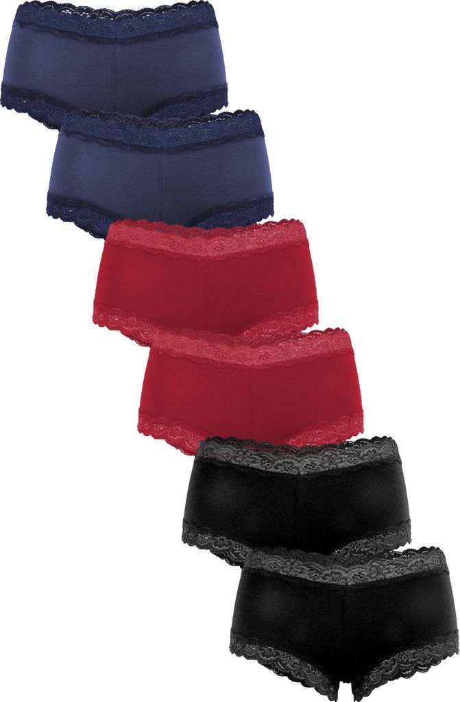 Fabio Farini - 6 Stück Damen Hipster Unterwäsche - Unterhosen aus Baumwolle mit Stretch mit floraler Spitze am Bund und Beinabschluss