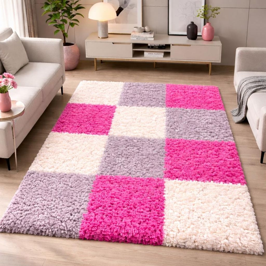Tapis Shaggy multicolore rose, gris et crème pour le salon Image du produit 