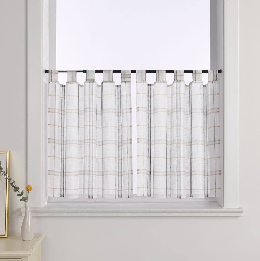 Joyswahl 2er Scheibengardinen mit Schlaufen Leinen Küche Gardinen Gitter-Kurzstores Bistrogardine landhausstil Transparent BxH 125x120 cm Grau 2 S...