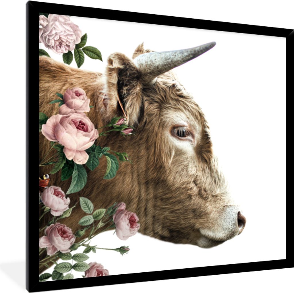 MuchoWow MuchoWow Gerahmtes Poster Schottisches Hochlandrind - Schottische Kuh - Blumen 40x40 cm - Poster mit zchwarzem Bilderrahmen - Mit Rahm...