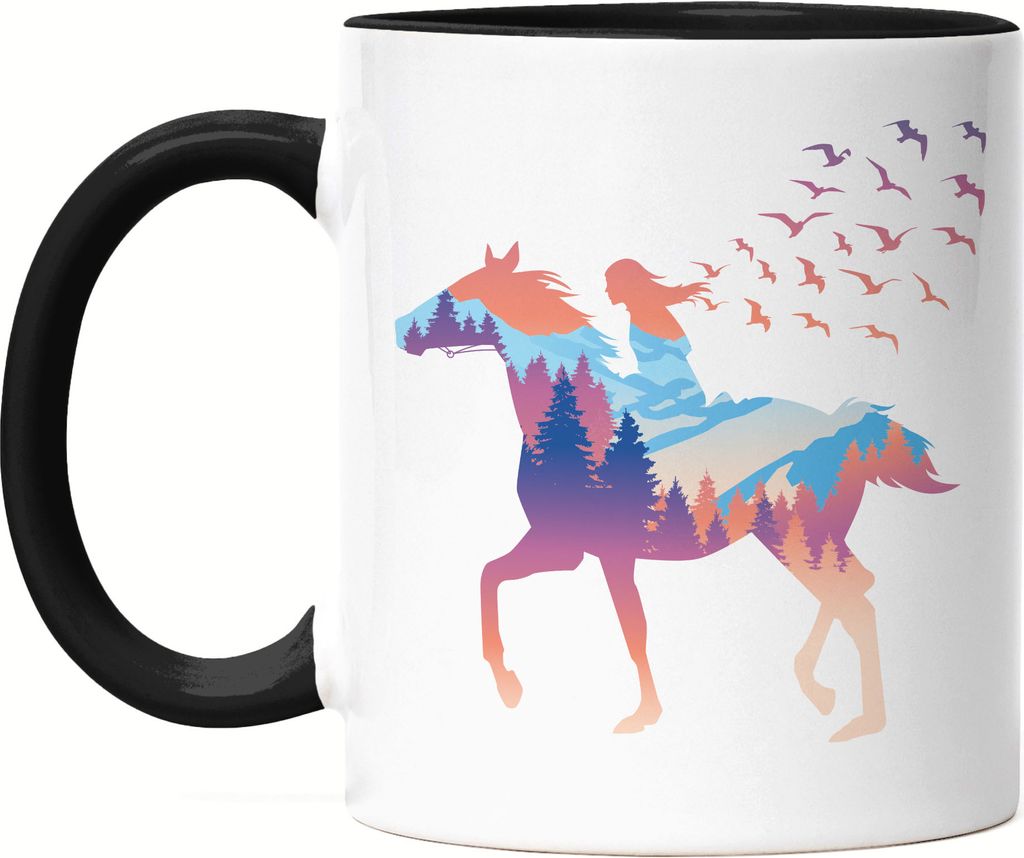 Pferd Tasse Schwarz Reiten Natur Berge Wiesen Frau Weiden Vögel Sport Hengst Stute Bewegung Frische Pferdeflüsterer