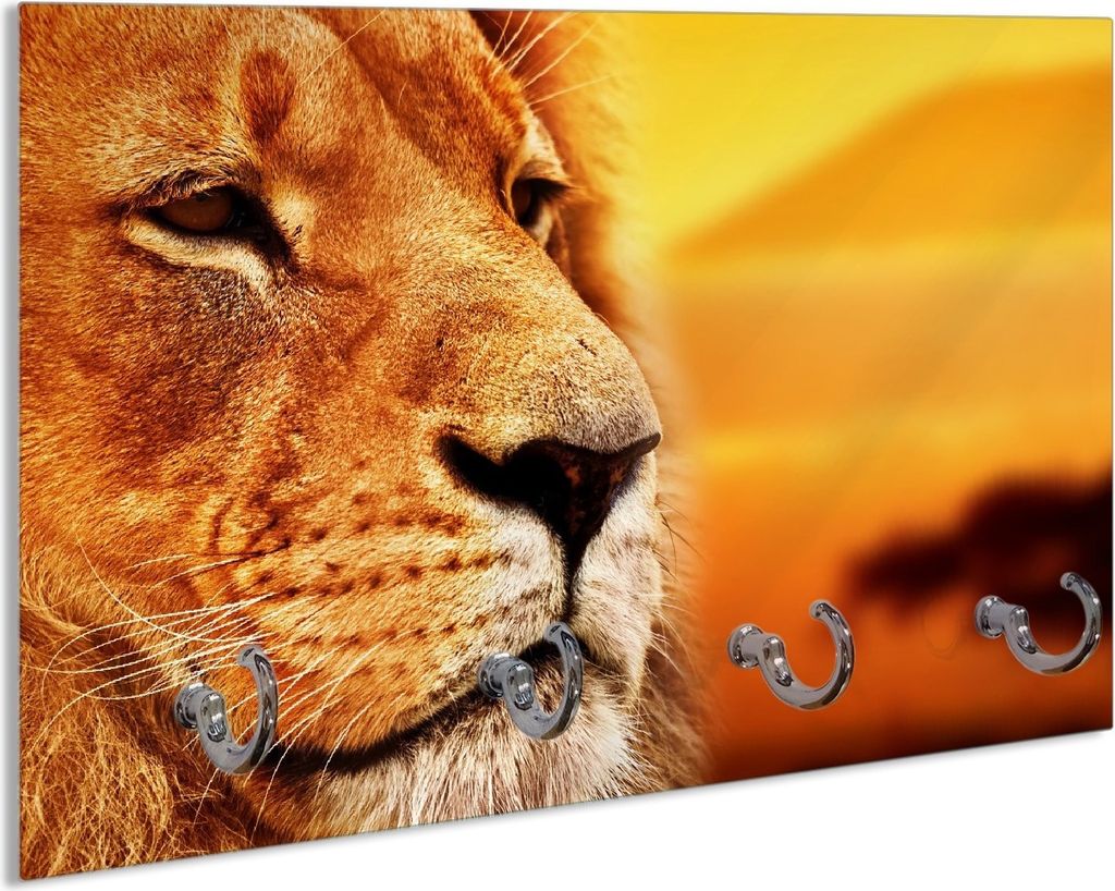 Wallario Handtuchhalter aus Glas, Motiv: Prächtiger Löwe in der Savanne, 30 x 20 cm mit 4 Haken