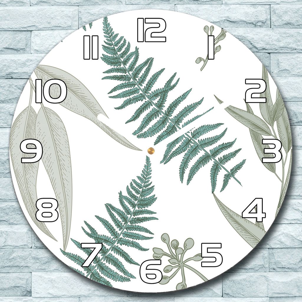 Wanduhr aus Glas Rund fi 30 Farn Blätter Quarz Deko Schlafzimmer Büro