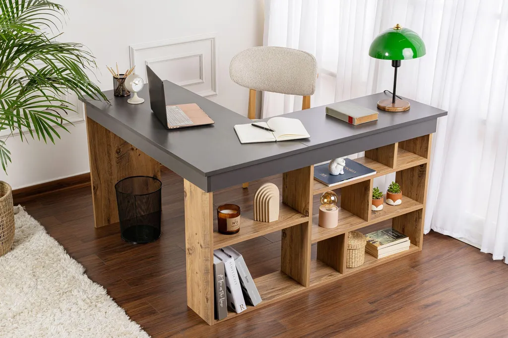 Bureau d'angle Vesper en mélaminé Anthracite et bois de Pin Atlantic