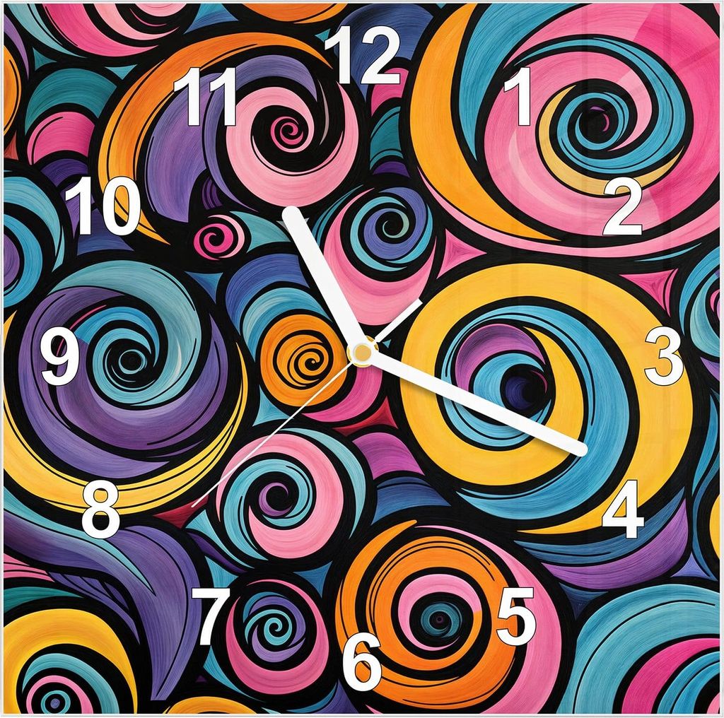 Wanduhr aus Glas mit Motiv Farbige Spiralen- 30 x 30 cm - inkl. Aufhängesystem