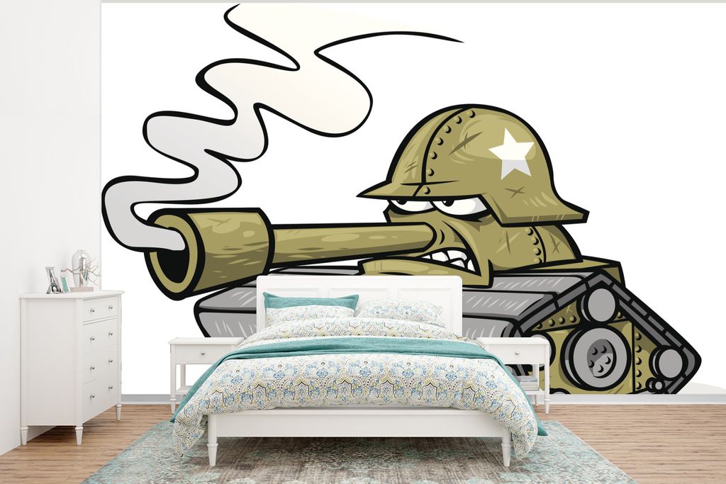 MuchoWow Fototapete für Wohnzimmer oder Schlafzimmer Wandtapete Vinyl Motivtapete Eine Illustration eines grünen Tanks - 350x260 cm - Wohnzimme...