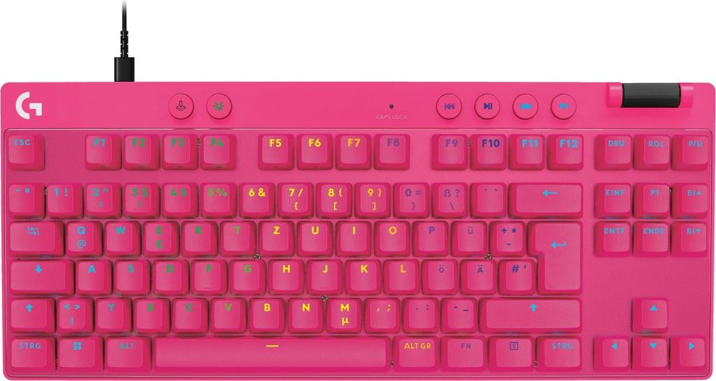 A pink gaming keyboard is shown from a top-down perspective against a white background.