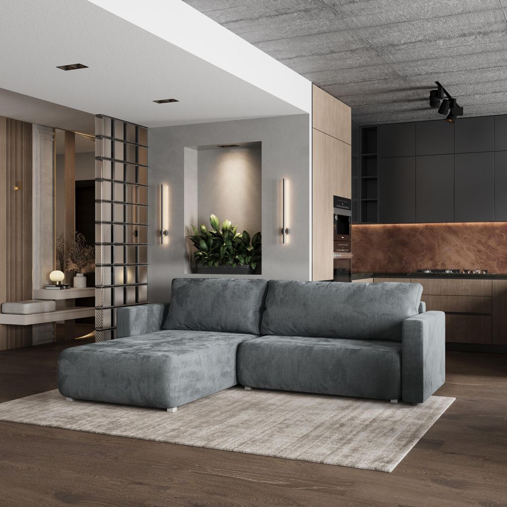 Masseno Ecksofa TURIN M mit Schlaffunktion L-Form, Sofa mit Bettkasten, Wohnzimmersofa, Couch, Soffa, Bettsofa, Couchgarnitur- Grau, MONOLITH 85