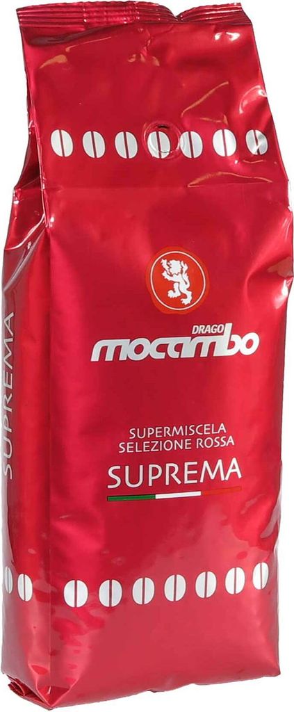 A red bag of coffee beans.
