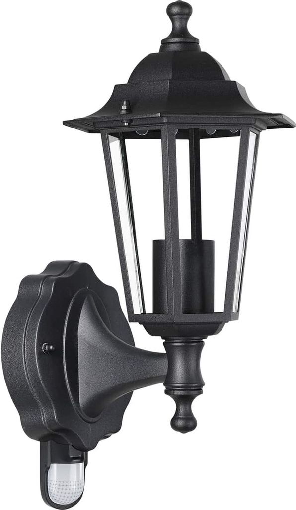 A black outdoor wall lantern with a motion sensor.