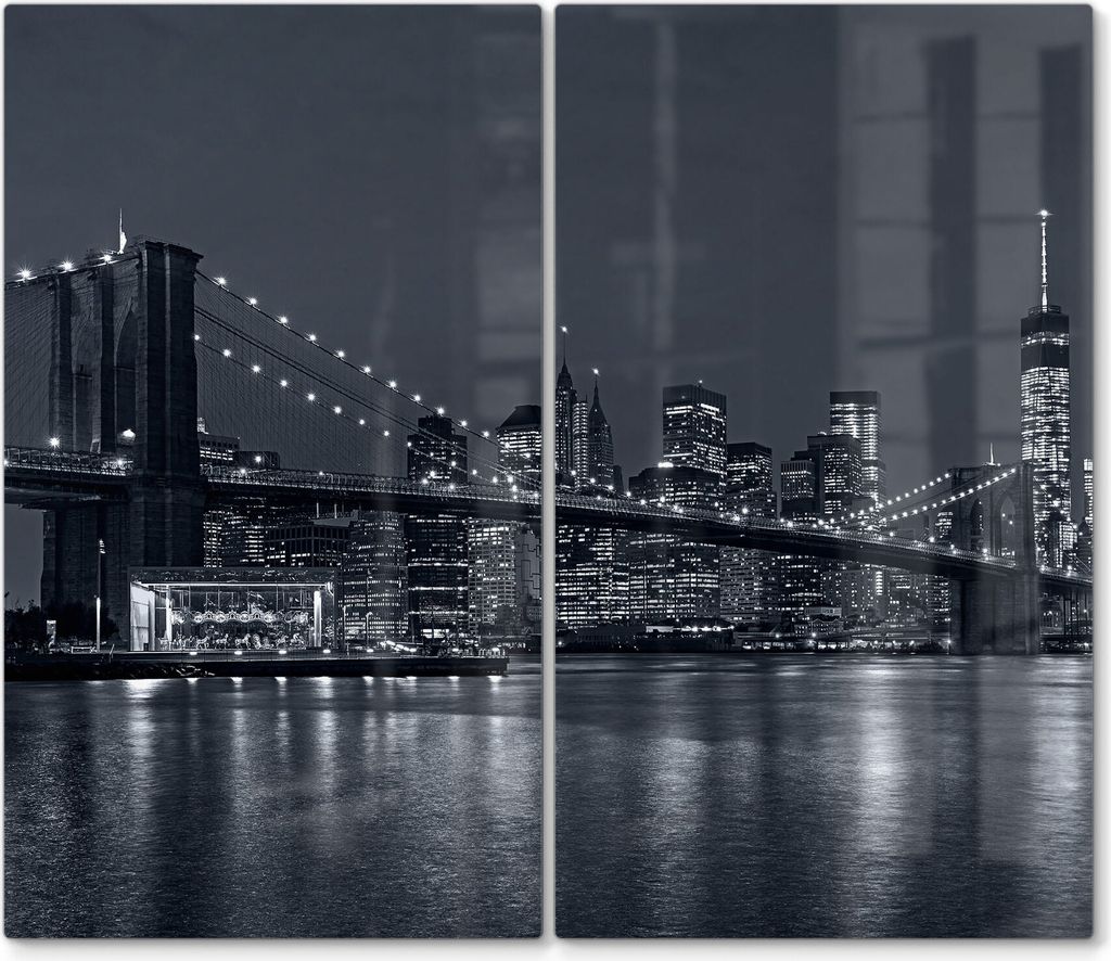 DEQORI Herdabdeckplatte Glas 2-tlg 'Manhattan Bridge nachts' Herd Abdeckung Küche