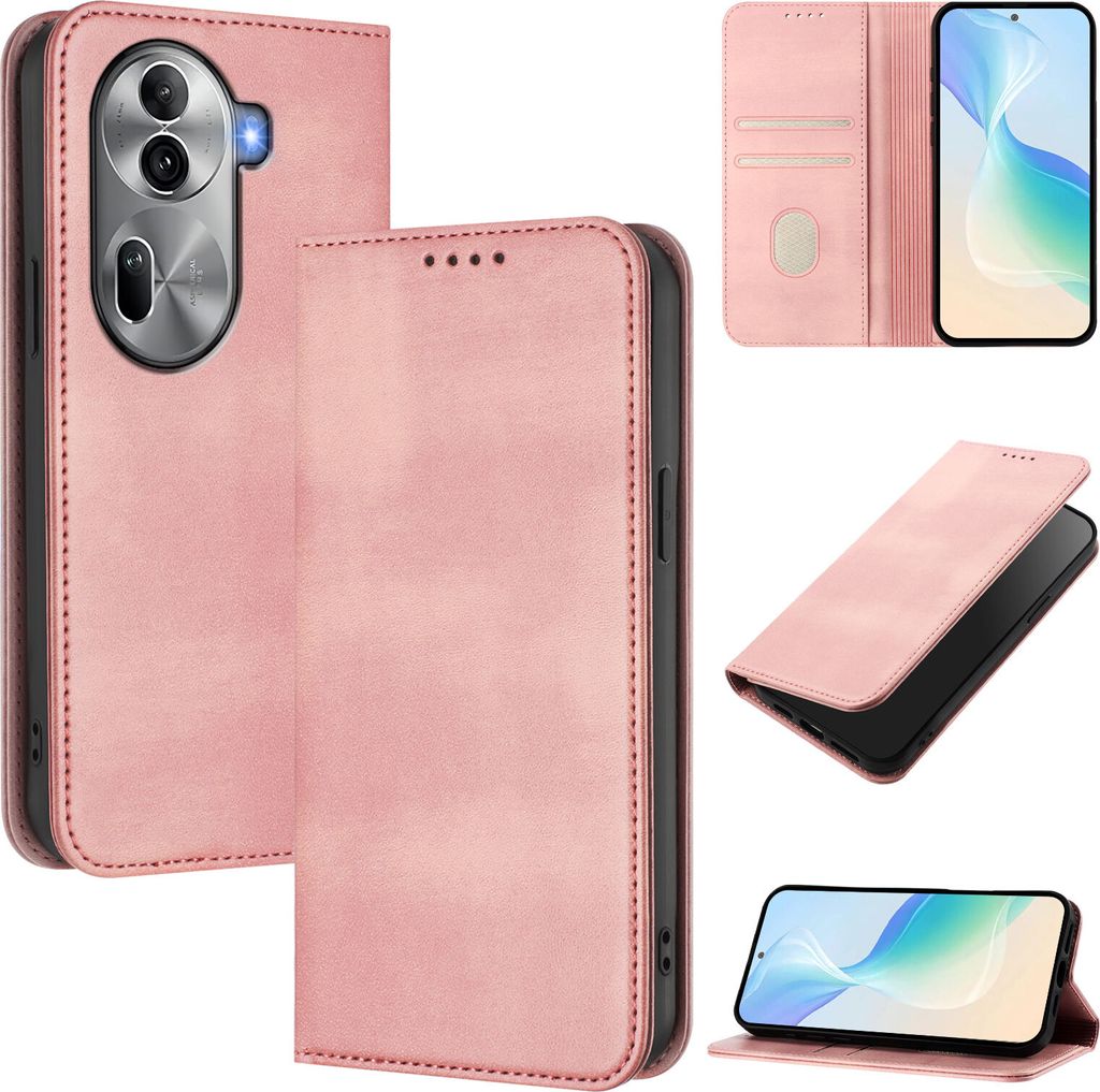 Handyhülle für Oppo Reno11 Pro, Vintage Leder RFID Schutz Kartenfach Standfunktion Magnetische Klapphülle Pink