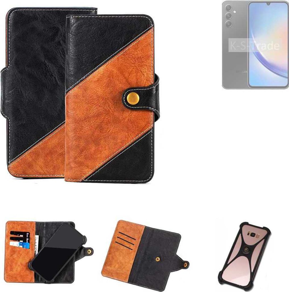 K-S-Trade Handyhülle Schutzhülle Bookstyle Case Wallet-Case kompatibel mit Samsung Galaxy A34 5G Handy Cover Bumper Klapphülle schwarz hellbraun 1x